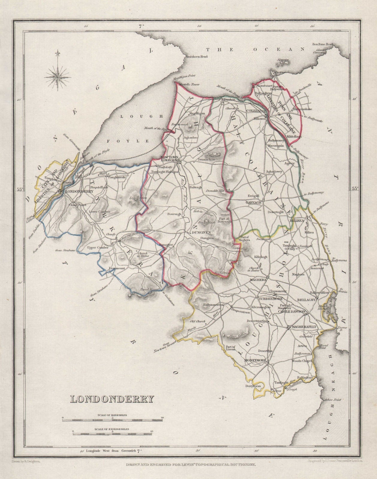 COUNTY LONDONDERRY antique map for LEWIS by CREIGHTON & DOWER. Ulster 1846